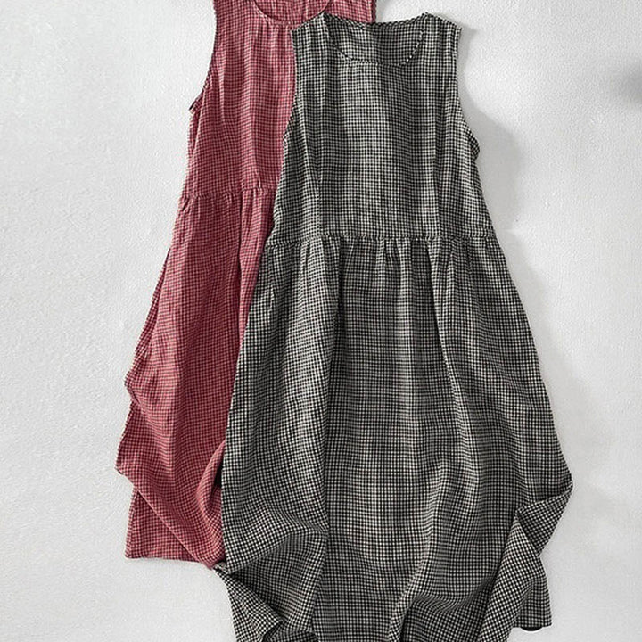 Damen Ärmelloses Midi Kleid Regular Fit Casual mit Karomuster und Taschen