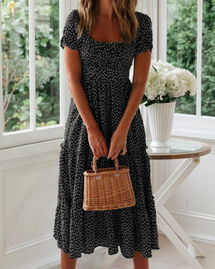 Sommerkleid Damen Midi Puffärmel Quadrat Ausschnitt Freizeit