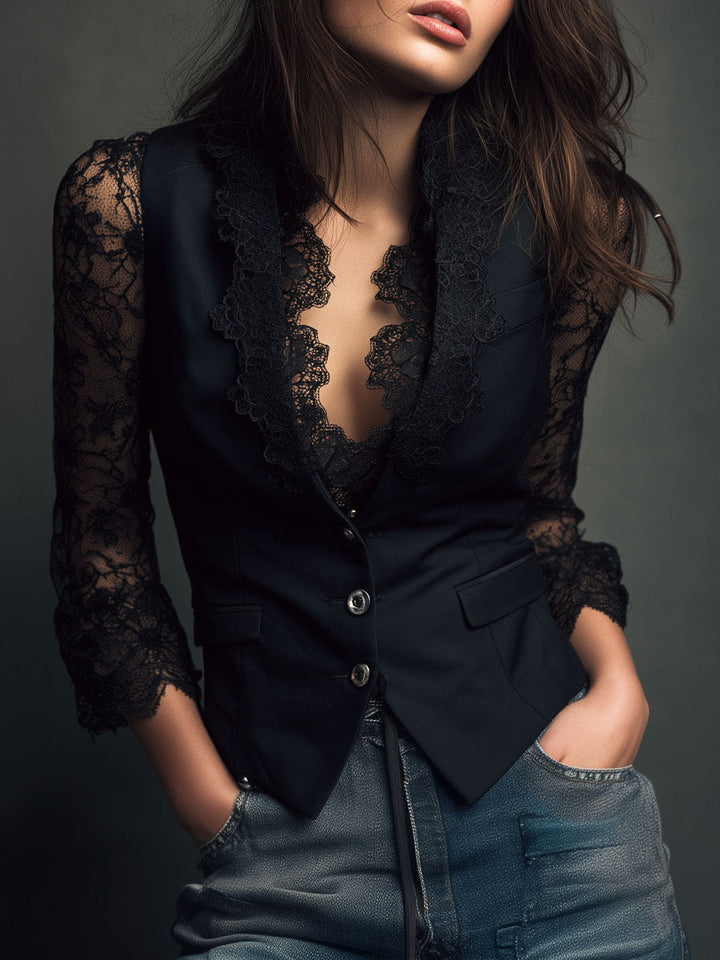 Noémie | Hoher Schwarzer Blazer mit Semi-Transparenten Ärmeln