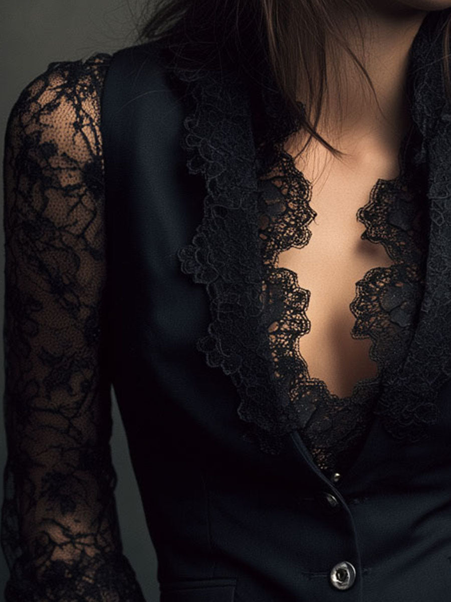 Noémie | Hoher Schwarzer Blazer mit Semi-Transparenten Ärmeln