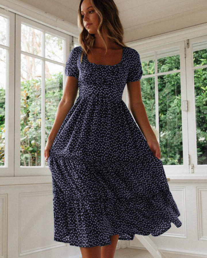 Sommerkleid Damen Midi Puffärmel Quadrat Ausschnitt Freizeit