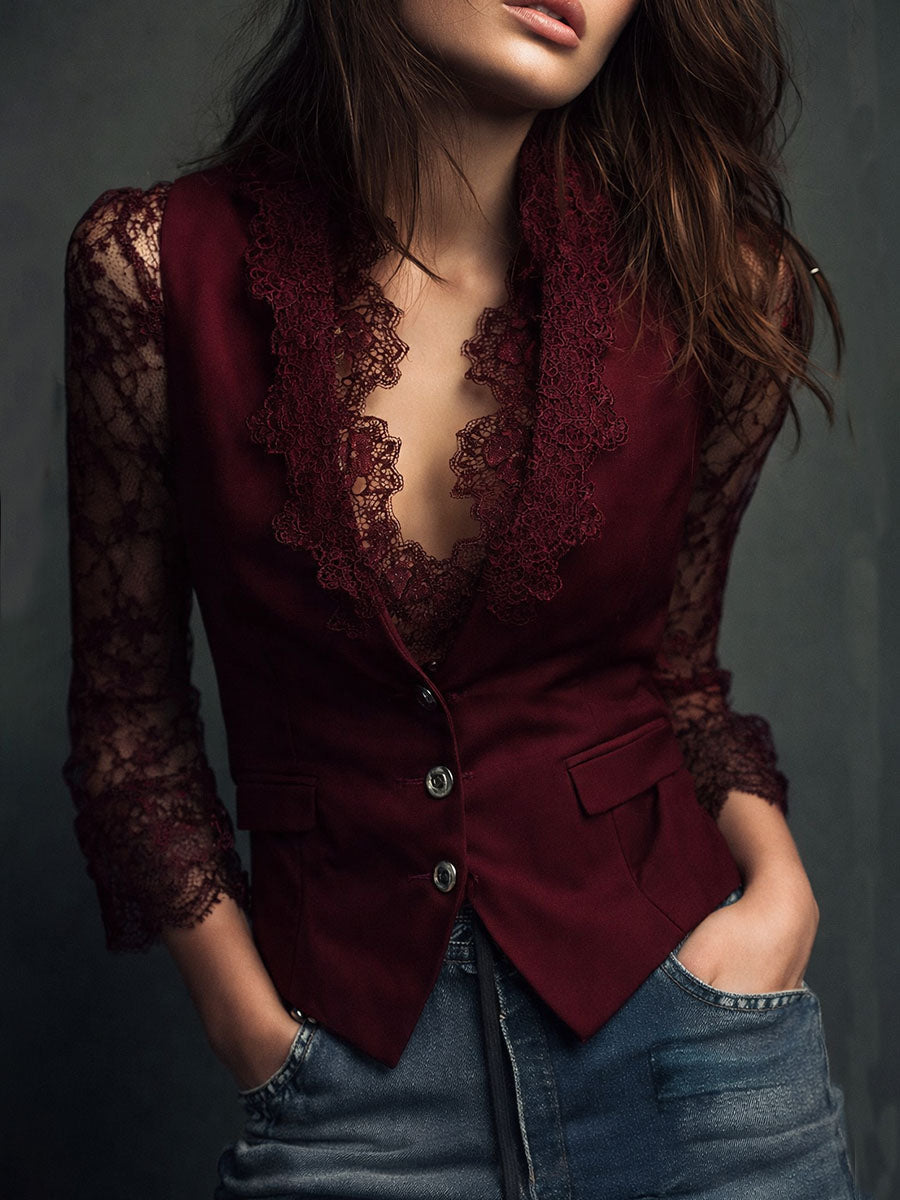 Noémie | Hoher Schwarzer Blazer mit Semi-Transparenten Ärmeln