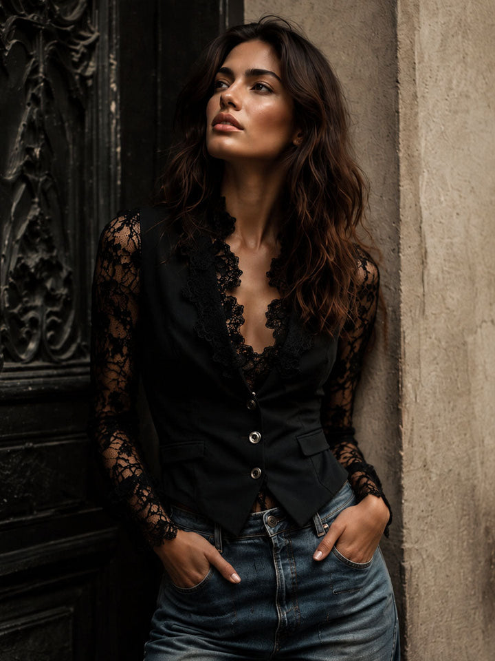 Noémie | Hoher Schwarzer Blazer mit Semi-Transparenten Ärmeln