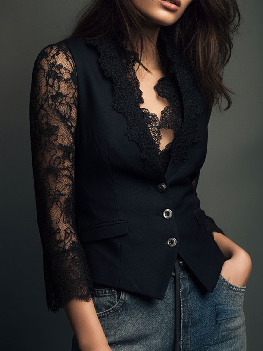 Noémie | Hoher Schwarzer Blazer mit Semi-Transparenten Ärmeln