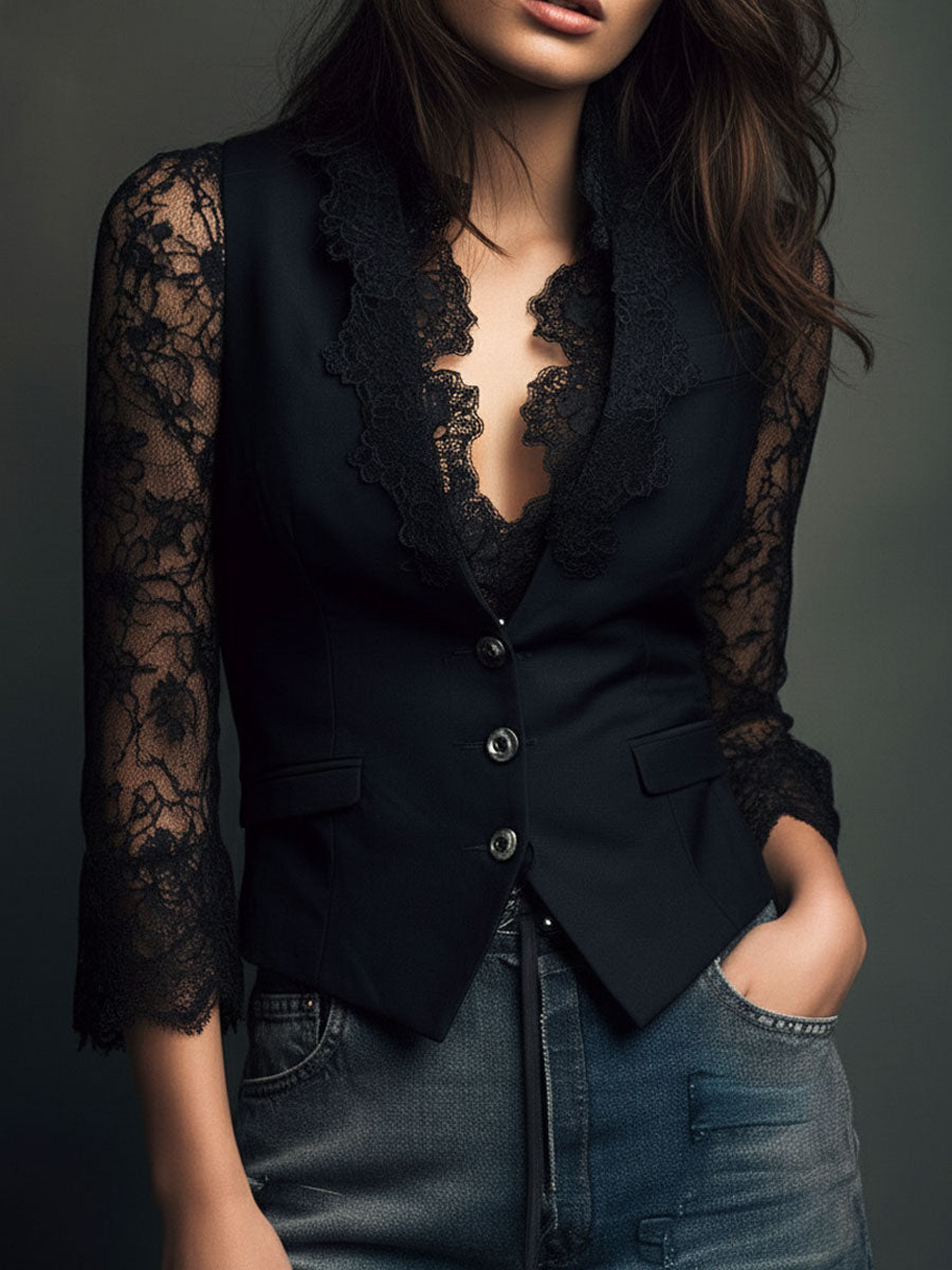 Noémie | Hoher Schwarzer Blazer mit Semi-Transparenten Ärmeln
