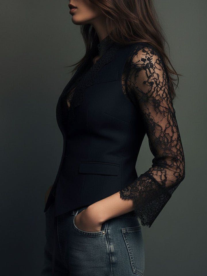 Noémie | Hoher Schwarzer Blazer mit Semi-Transparenten Ärmeln