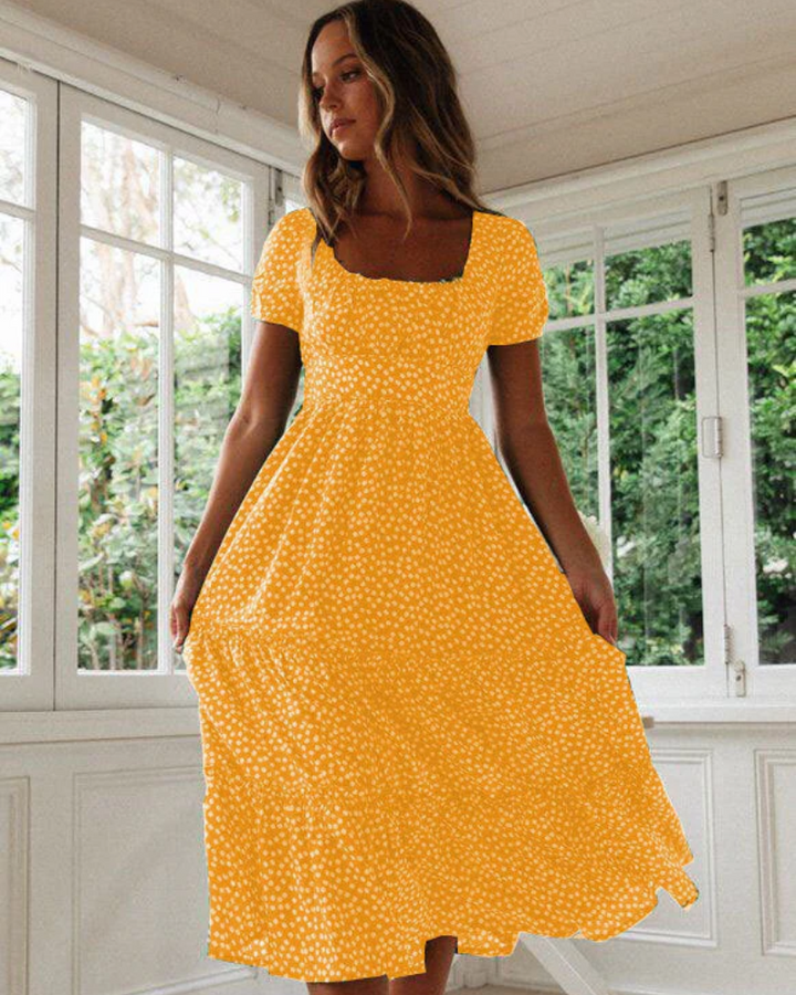 Sommerkleid Damen Midi Puffärmel Quadrat Ausschnitt Freizeit