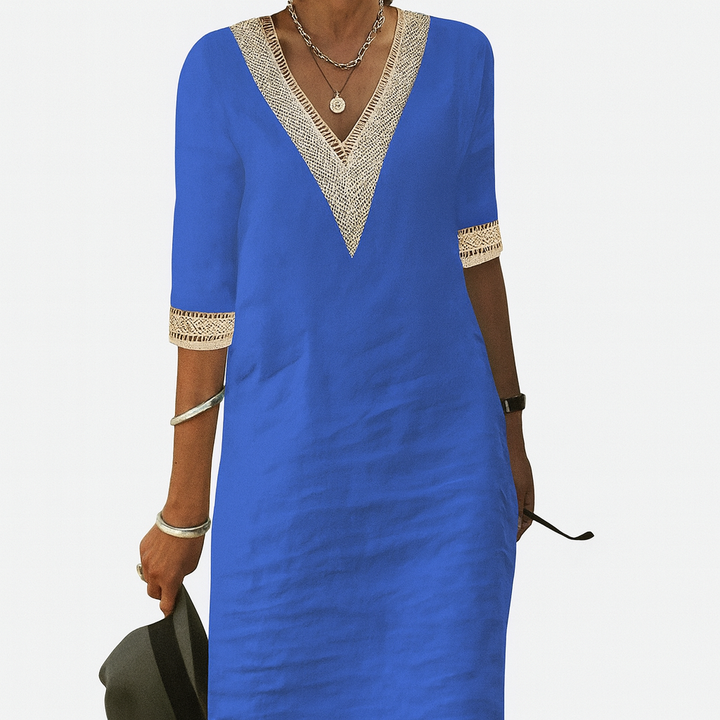 Sommerkleid Damen Relaxed Fit Freizeit V-Ausschnitt Spitze