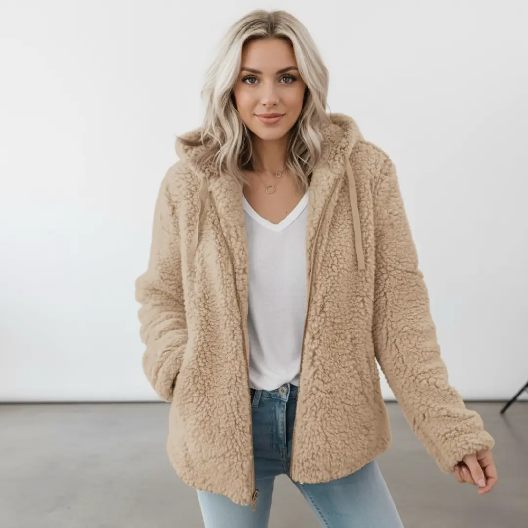 Mila I Damen Teddy Jacke mit Kapuze