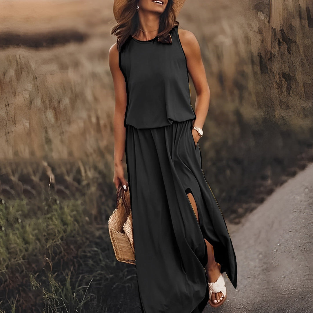Elegante Kleider Damen | Ärmelloses Maxikleid mit Fließendem Schnitt | Stilvolles Retro-Muster für Sommerliche Anlässe