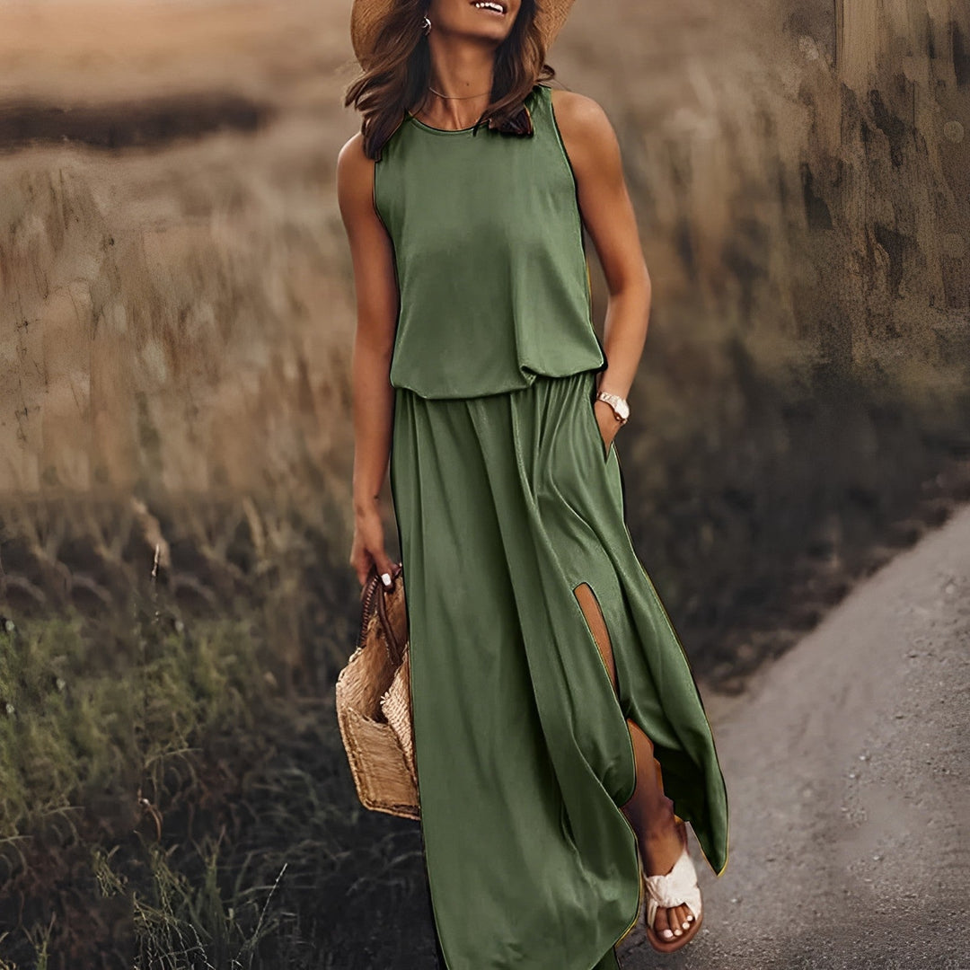 Elegante Kleider Damen | Ärmelloses Maxikleid mit Fließendem Schnitt | Stilvolles Retro-Muster für Sommerliche Anlässe