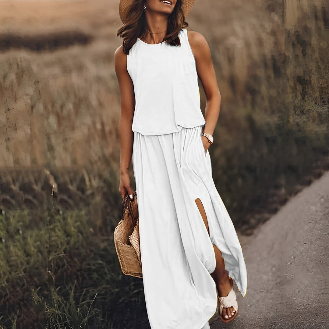 Elegante Kleider Damen | Ärmelloses Maxikleid mit Fließendem Schnitt | Stilvolles Retro-Muster für Sommerliche Anlässe
