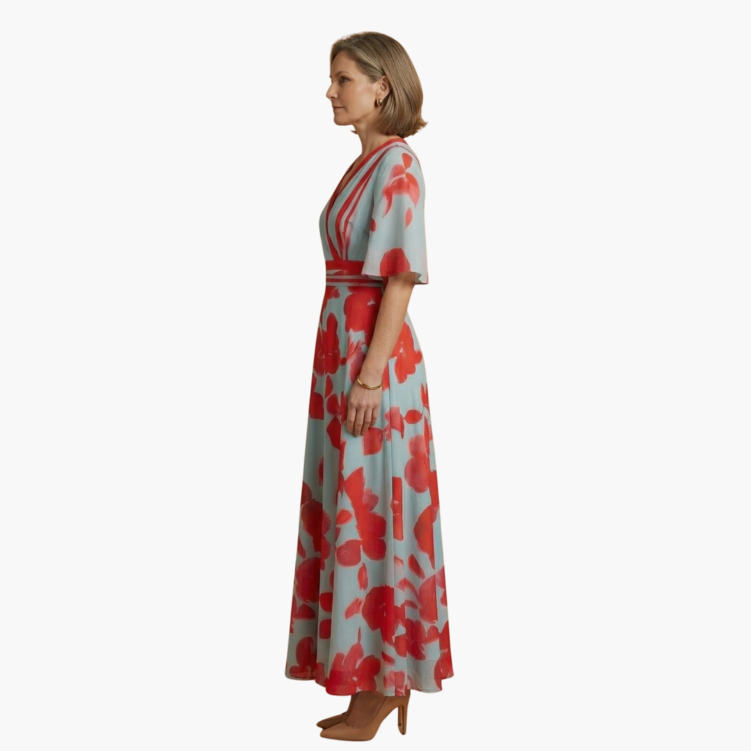 Damen Blumenkleid Elegant V-Ausschnitt Lang Freizeit
