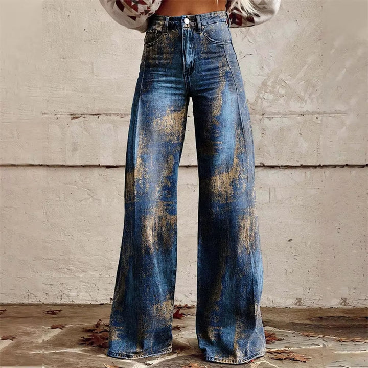 Hochtaillierte Damen Jeans mit Weitem Bein und Floralem Design