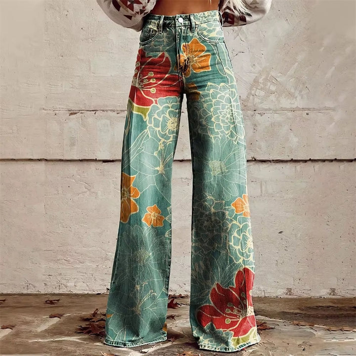Hochtaillierte Damen Jeans mit Weitem Bein und Floralem Design
