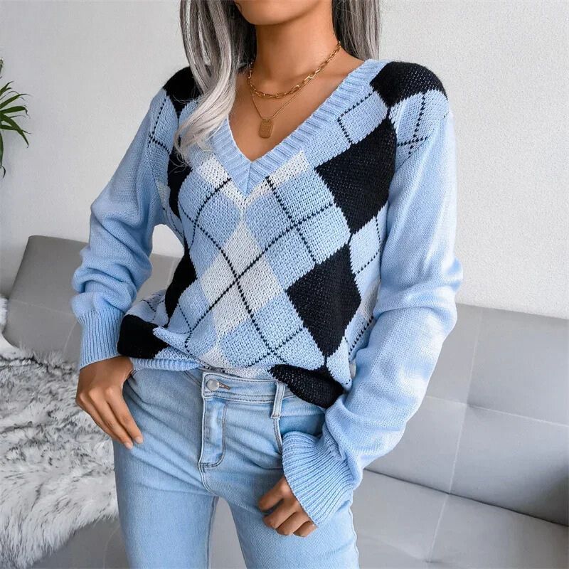Opal | Gemütlicher V-Ausschnitt Argyle Strickpullover