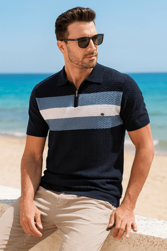 Herren Poloshirt mit Streifen und Reißverschluss | Sommer